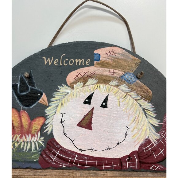 Hand-Painted Slate Autumn Welcome Sign With Scarecrow & Bird Design - Picture 2 of 3